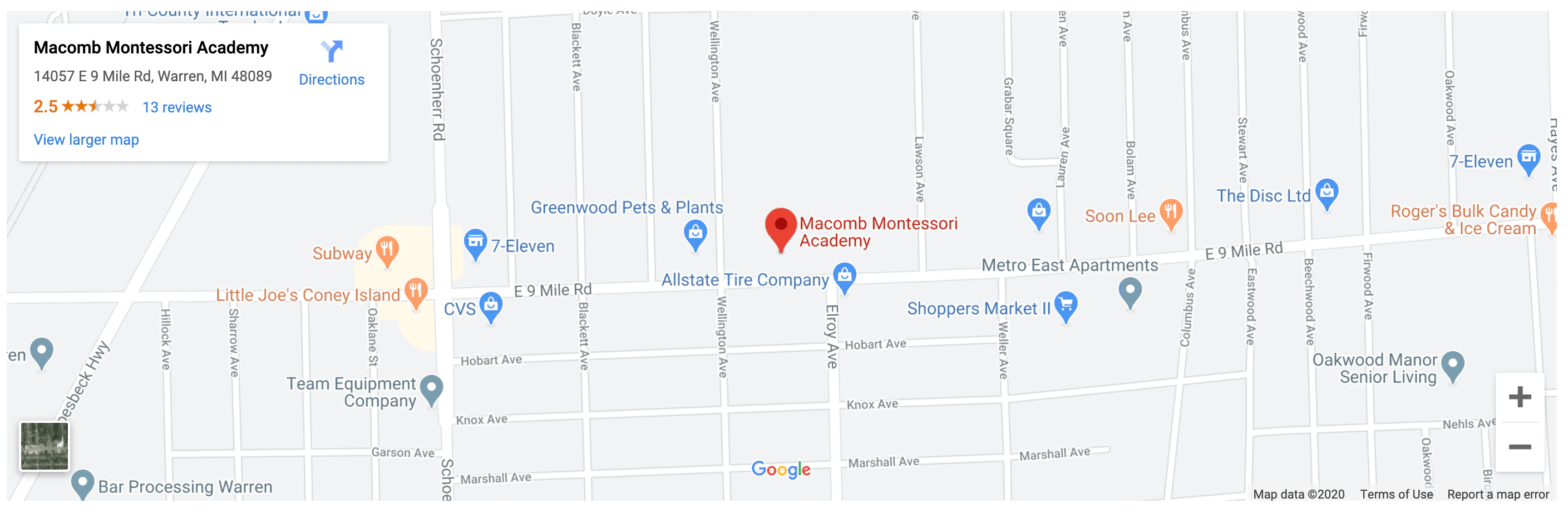 Map for Macomb Montessori 14057 E 9 Mile Rd, Warren, MI 48089